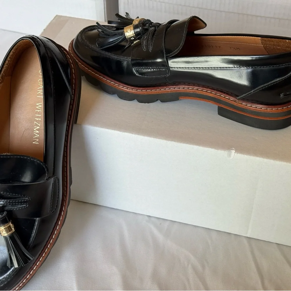 Stuart Weitzman Black Patent Tassel Loafers with Gold Accents - Picture 7 of 7